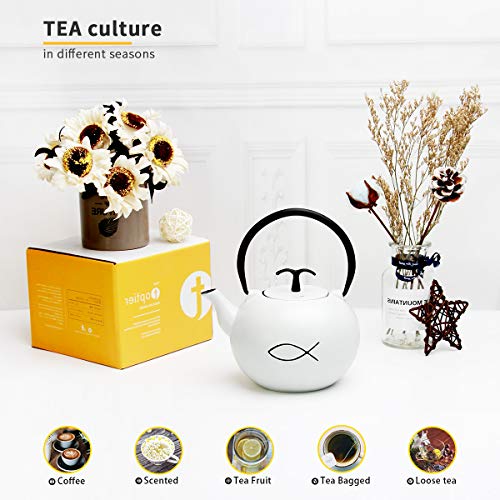 Tea Kettle, Toptier Japanese Tetsubin Cast Iron Teapot with Infuser for Loose Tea, Tea Kettle Stovetop Safe, 34 Ounce (1000 ml), White Fish