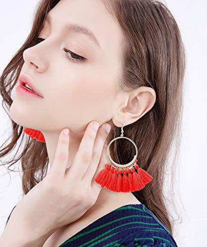 12 Paris Tassel Hoop Earrings for Women-Colorful Fan Shape Drop Dangle Earrings Yellow Red Pink Black White Fringe Earring Set for Girls Daily Wear Fashion Jewelry Christmas Gifts