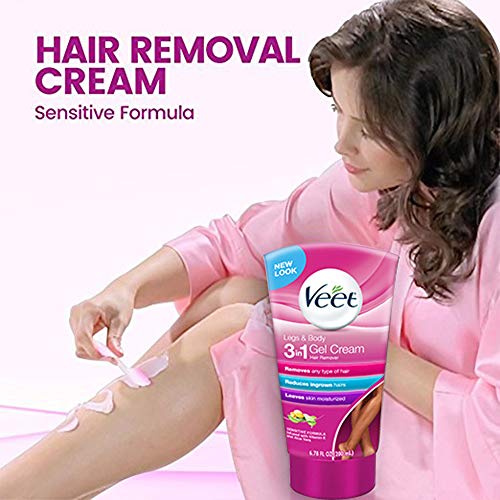 Veet Legs & Body 3 in 1 Gel Cream Hair Remover 6.78 oz. Sensitive Skin Formula, Infused with Aloe Vera and Vitamin E. Reduces Ingrown Hair and Moisturizes Skin. Removes All Hair Types (Pack of 1)
