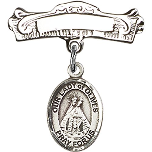 Sterling Silver Baby Badge with Our Lady of Olives Charm and Arched Polished Badge Pin 7/8 X 7/8 inches