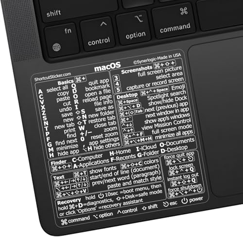 SYNERLOGIC (10 pcs) Mac OS (Ventura/Monterey/Big Sur/Catalina/Mojave) Keyboard Shortcuts Transparent No-Residue Vinyl Sticker for Black MacBook (Clear/White/Pack of 10)