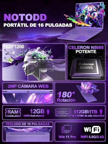 Laptop 16 Inch Celeron N5095 Up to 2.9Ghz, Laptop Win 11 with 5G WiFi 12+512GB SSD Expansion 1TB, BT 4.2 Mini Port Multimedia Laptop Cooling Fan 1920*1200-Purple