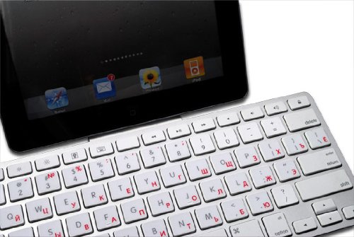 APPLE RUSSIAN CYRILLIC STICKER FOR KEYBOARD WITH RED LETTERING ON TRANSPARENT BACKGROUND FOR DESKTOP, LAPTOP AND NOTEBOOK