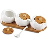Yesland Porcelain Condiment Jar Spice Container with Bamboo Lids & Tray, Set of 3, 6.8 Oz Pottery Cruet Pot for Sugar Bowl Se