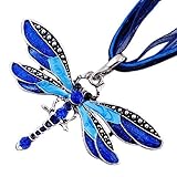 LackingOne Rhinestone Inlay Gem tone Dragonfly Pendant Necklace With Chain Color Silver Blue