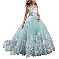 Princess Aqua Long Girls Pageant Dresses Kids Prom Puffy Tulle Ball Gown US 8
