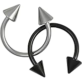 Forbidden Body Jewelry 16g Septum Rings Set of 2: 16 Gauge 10mm Surgical Steel Spike Horseshoe Rings, Black & Steel