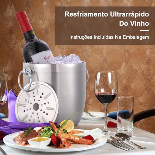 Balde De Gelo Isolado De Aço Inoxidável De 3 Litros Com Tampa, Colher, Pinça E Coador