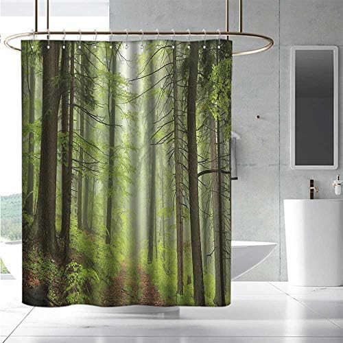EwaskyOnline Kids Bathroom Shower Curtain Outdoor Trail Trough Foggy Alders Beeches Oaks Coniferous Grove Hiking Theme Fashionable Pattern W108 x L72 Pale Green Pale Yellow