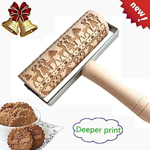 Christmas Wooden Rolling Pins Deeply Engraved Embossing Rolling Pin with Christmas Elk Pattern for Baking Christmas Themed Pastries & Cookies,Rolling Pin Kitchen Tool