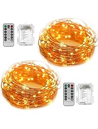 YIHONG 2 Set Fairy Lights Battery Operated Fairy String Lights Waterproof 8 Modes 50 LED String Lights 16.4FT Copper Wire Firefly Lights Remote Control (Warm White)