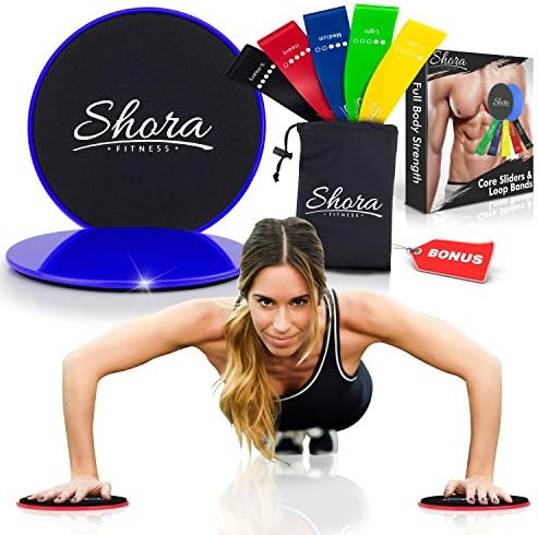 Shora Multi-Functional Sports and Fitness Training Set: 2 Portable Core Sliders Gliding Discs and 5 Resistance Loop Exercise Bands plus Carry Bag (Blue)