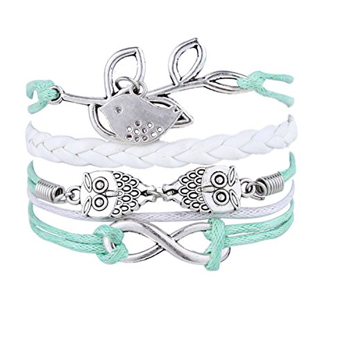 Blue Multilayer Owl Leaves and Infinite Charms Handmade White Leather Bracelets with Bird Wrap Braid Bangle For Women