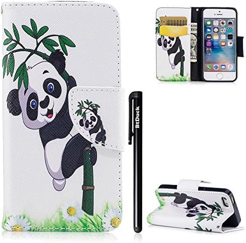 BtDuck iPhone 5 iPhone 5S iPhone SE Case Cute Panda Green Leather Wallet Cover Stand Flip Pattern Phone Protector Anti-slip Shockproof Case Card Slots Pocket Kickstand Magnetic Closure