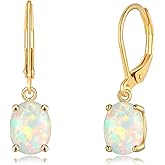 CiNily Oval Cut Opal Dangle Earrings for Women 14K Gold Plated Fire Opal Rhodium Plated Leverback Gemstone Drop Earrings Jewelry Mothers Day Gift for Her