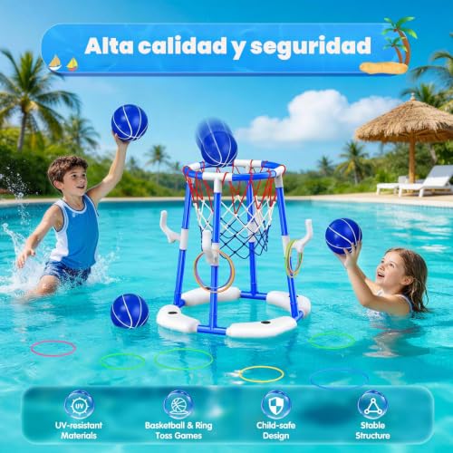 HaoVrisn Canasta de Baloncesto para Piscina, Juguetes Piscina 2 en 1, Juegos de Agua para Niños con 4 Pelotas Flotantes, 12 Anillas y Bomba, Juguete Veraniego Familiar para Fiesta en Piscina