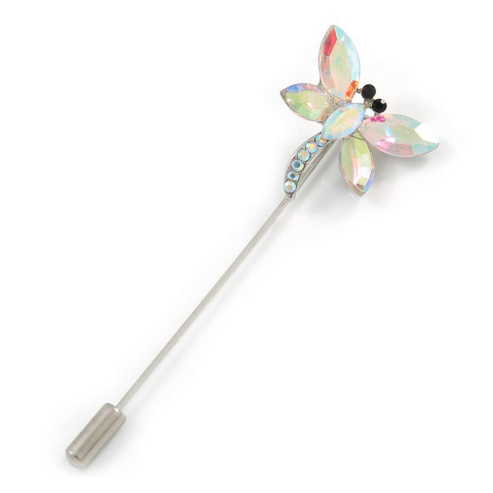 AB Crystal Dragonfly Lapel, Hat, Suit, Tuxedo, Collar, Scarf, Coat Stick Brooch Pin in Silver Tone - 65mm L