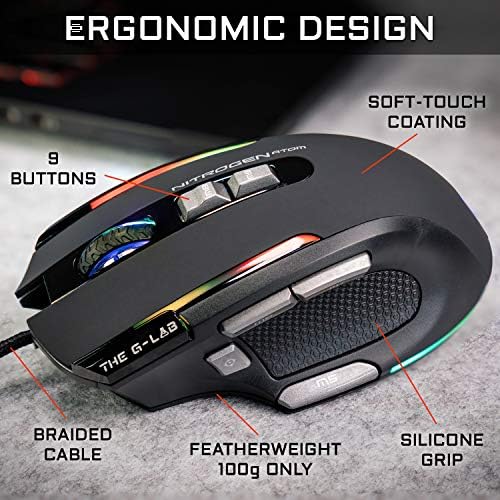 Kult NITROGEN Atom Mouse Gaming con Cable de Alto Rendimiento –Sensor Óptico 4800 dpi, RGB, 9 Botones Programables, Ultraligero, Ideal para MOBA/FPS – Compatible con PC/PS5/Xbox One – Negro