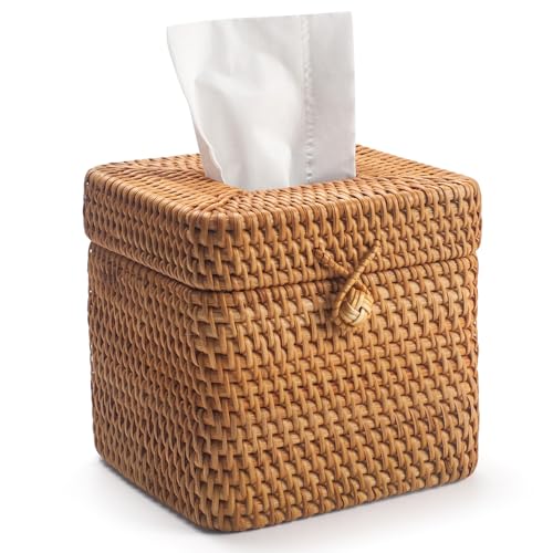 Rattan Paper Tissue Box with Lid, Square Wicker Box Holder, Facial Tissue Paper Tissue Box for Dining Table, Living Room, Bathroom, Bedroom (Natural)