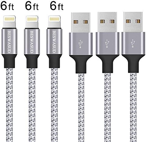 iPhone Charger, BESWASUD 3pack 6ft Extra Long Nylon Braided Lightning to USB Cable Syncing and Fast Charging Cable Cord Compatible with iPhone X/8/7/6s/6/Plus/5se/5s/5c/5,iPod,iPad More (Gray White)