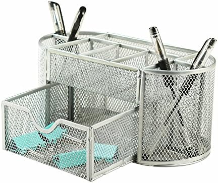 Xinyaoshi Mesh Desk Accessories Organizer 9 Space Saving Writing Supplies Compartments With a Large Drawer (silver)