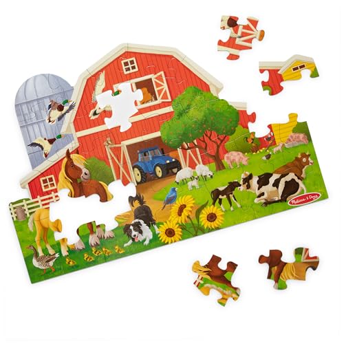 Melissa & Doug Busy Barn Shaped Jumbo Floor Puzzle, 32-Piece Barn-Shaped Jigsaw Puzzle with Farm Animals, 3 x 2 Foot Toddler Puzzles for Kids Ages 3+