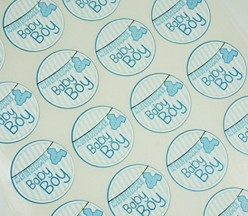 24 Welcome Baby BOY Print Round Favor Stickers 1-1/4 inches Diameter