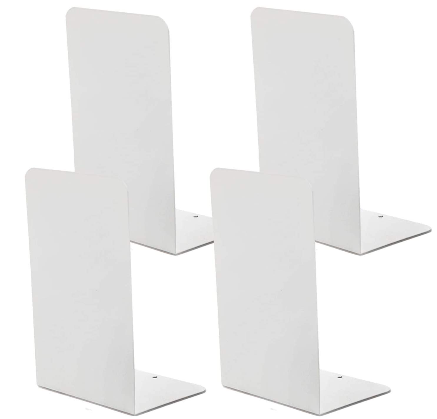 4 Pieces Heavy Duty White Decorative Metal Bookends, VONDERSO Metal Book Ends Support for Shelves Divider Stopper Holder with Non-Slip Rubber Pad for Decor, School, Home, Office, Library, Gift