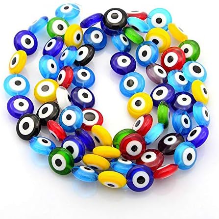 Handmade Evil Eye Lampwork Glass Bead Strands, Flat Round, Mixed Color, 12mm, 1mm Hole for Jewelry Making
