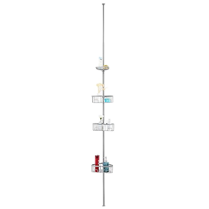 COSTWAY Duschregal Teleskop, Duscheckregal höhenverstellbar, Badregal metall, Duschablage ohne Bohren, mit 4 höhenverstellbar