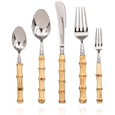 BLEWAR Bamboo Silverware Set 18/10 Stainless Steel Tableware Set Natural Flatware Spoon Fork Knives Bamboo Handle Cutlery for Kitchen Utensil Wedding Home Restaurant Party (5 piece for 1)