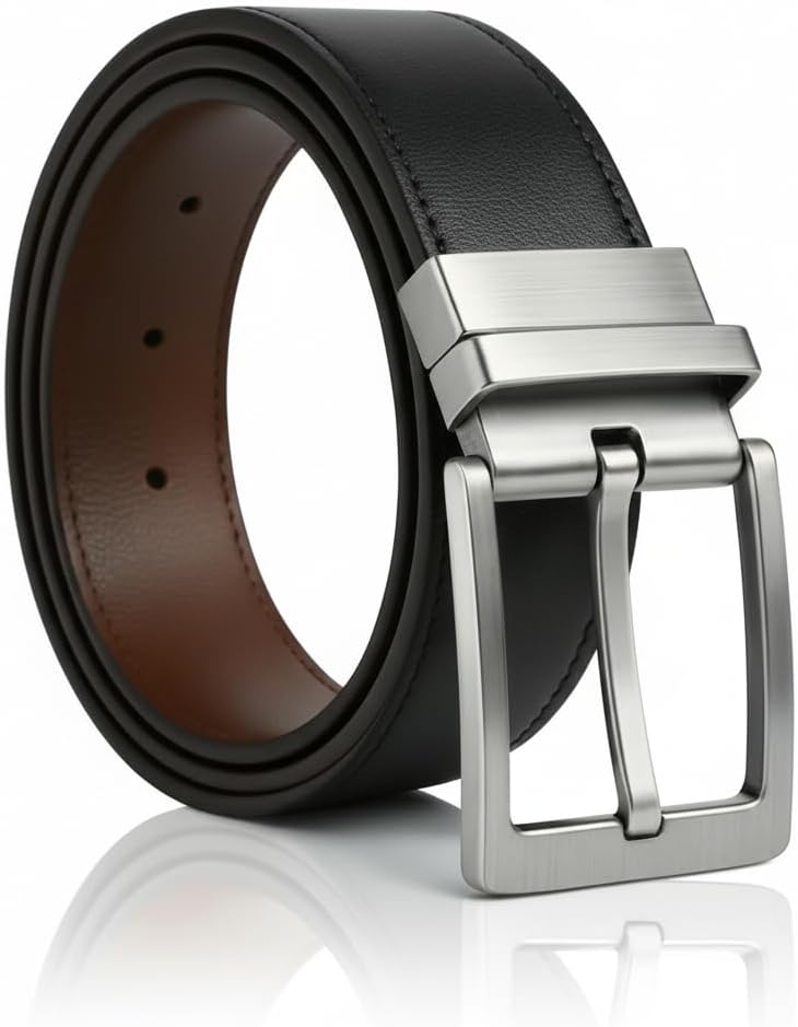 Cinto Social Masculino Dupla Face Preto e Café em Couro Sintético | Ajustável, Elegante, Fivela Reversível | Cinto Masculino Social e Casual