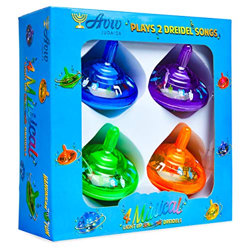 Aviv Judaica Musical Light Up Dreidel Set - Hanukkah Spinning Tops - Plays 2 Classic Hanukkah Songs - Assorted Colors (4 Pack)