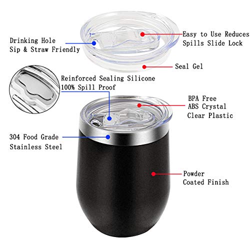 Stemless Wine Tumbler with Lid and Straw, Bastwe 4 Pack 12oz Stainless Steel Wine Glass, Double Wall Insulated Wine Tumbler for Champagne, Cocktail, Beer, Coffee, Drinks (Black) - Thumbnail 2
