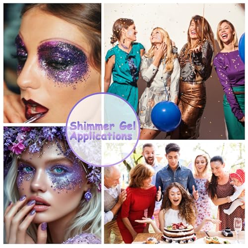 Set of 6 Body Glitter Gel, Glitter Gels, Face and Hair, Chunky Holographic Glitter for Makeup, Festival, Christmas, Easter, Party, Long-Lasting, Liquid Shimmer Gel for Eyes and Body