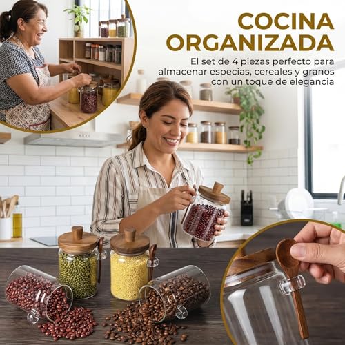 MOISLAS Frascos de Vidrio Herméticos 8 PCS con Tapa madera exquisita 900ml 140ml Frasco para Organización Contenedor para Almacer Alimento Especias Café Azúcar 4 exquisita cuchara de madera