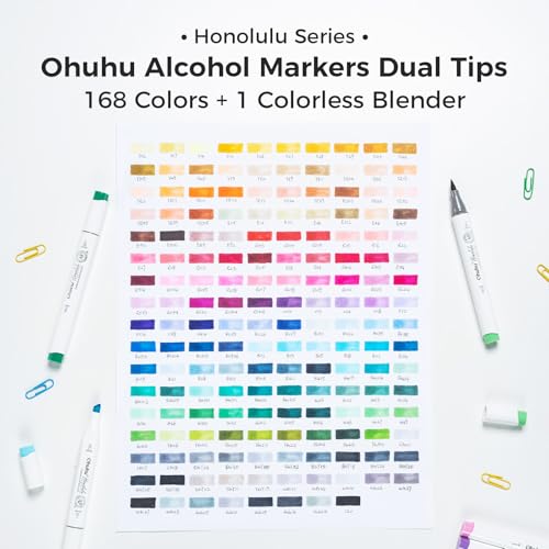 Ohuhu Marcadores Al Alcohol Punta Pincel - Juego 168 Colores, Marcadores Artísticos Doble Punta a Base de Alcohol para Artistas Adultos, Ilustración - Pincel & Cincel - Honolulu