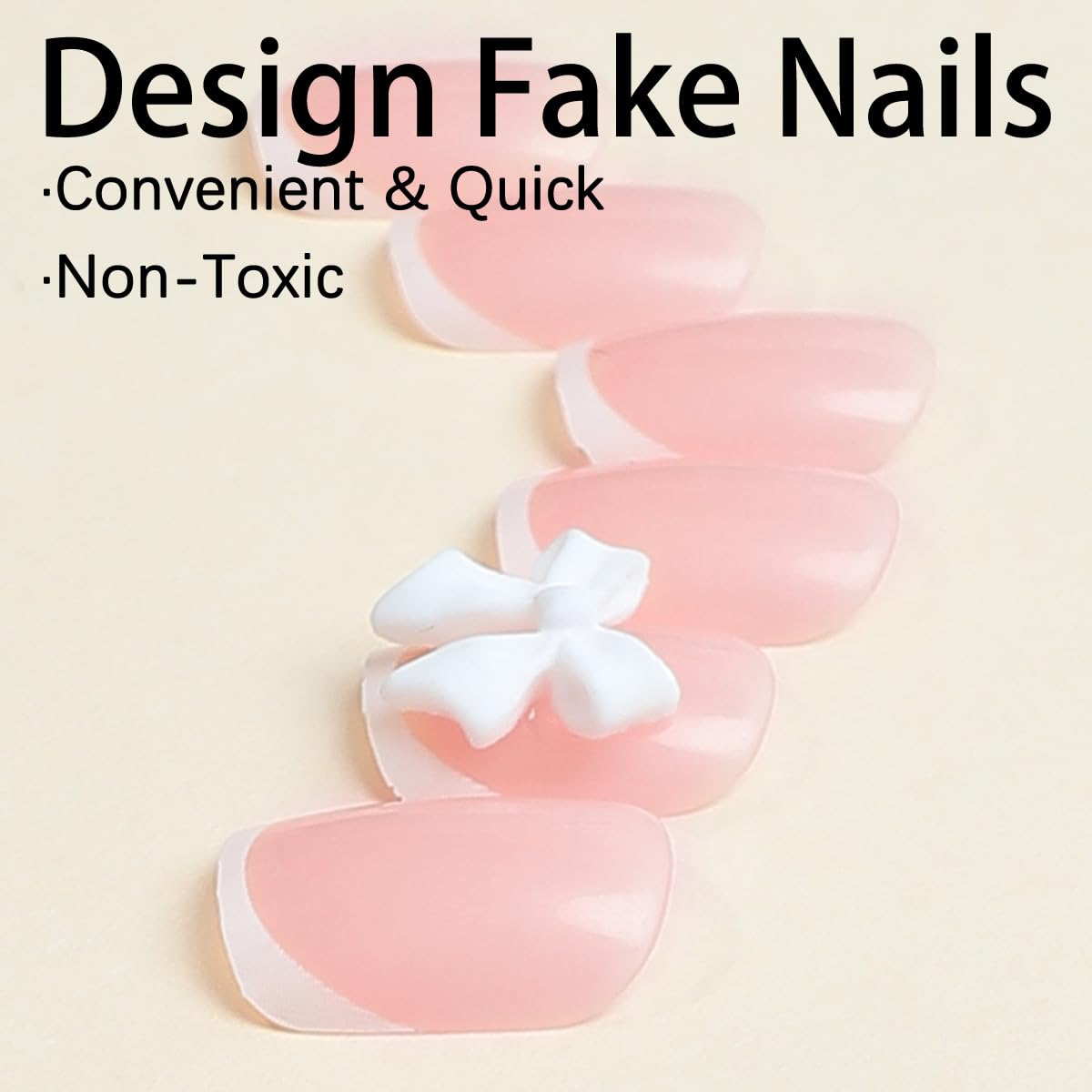 French Tip Press on Nails Short Square Fake Nails White Coffin Nails Tip with Bow Charms Design Acrylic Nails Full Cover Nude Pink Artificial False Nails Stick on Nails for Women Manicure Salon 24Pcs - Image 4
