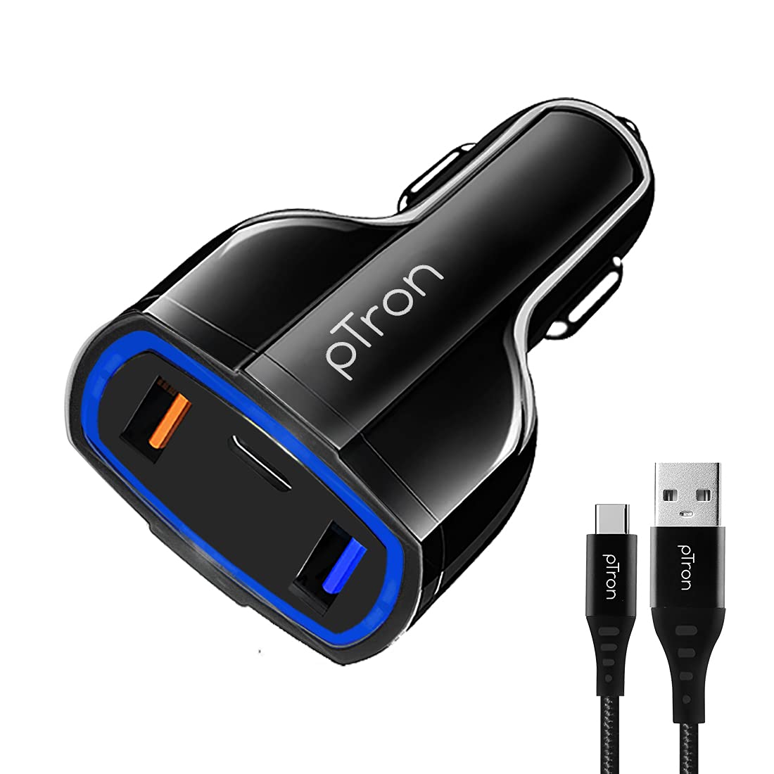 pTron Bullet Pro 36W PD Quick Charger with 3A TypeC 1.5 Meter Nylon Braided USB Cable, 3 Port