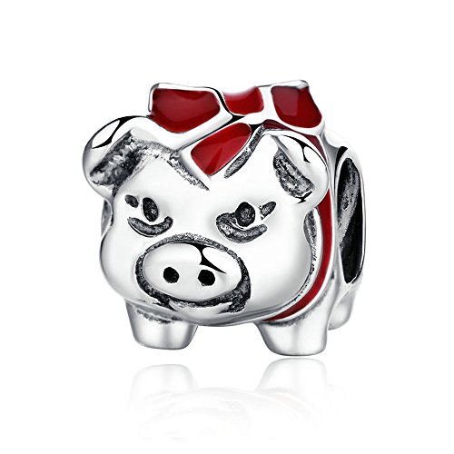Everbling Piggy Bank Pig With BLlack And Red Enamel 925 Sterling Silver  Bead Fits European Charm Bracelet
