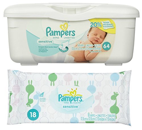 Pampers Baby Wipes Tub, Sensitive 64 ct + Bonus Travel Pack 18 ct