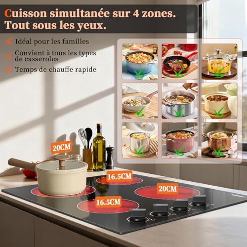 Karinear 4-burner ceramic hob, 60 cm built-in ceramic hob with rotary buttons, 4 burners 6000 W, automatic switch-off, 220 V, without socket