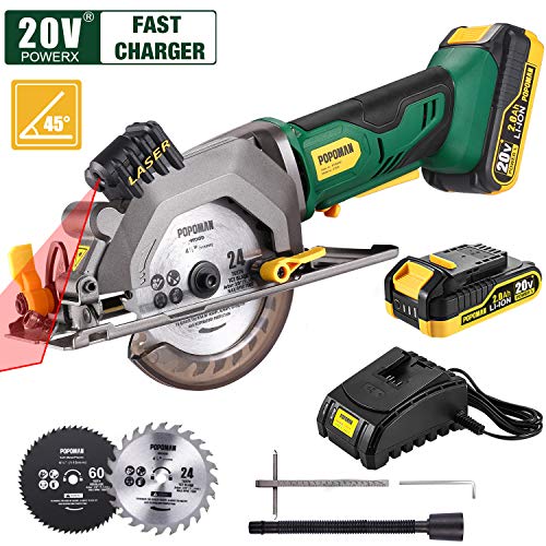 POPOMAN 20V Cordless Mini Circular Saw with Laser Guide, 4-1/2" 3400RPM Compact Circular Saw, 2.0Ah Battery, 1H Charger, Ideal for Wood, Plastic and Metal Cuts - MTW80B