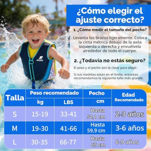 Chaleco Flotador Bebe y Niño de Neopreno, Grestar Chaleco Piscina Bebe 2 a 6 Años 15-30 kg, Chaleco Flotador Infantil con 8 Paneles de Flotación Extraíbles, Triple Seguridad, Correa Ajustable