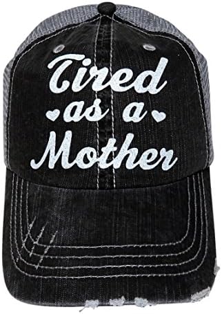 Glitter Tired As A Mother Distressed Look Grey Trucker Cap Hat (White Glitter)