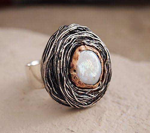 Handcrafted Big Round White Pearl Ring, Sterling & Fine Silver, Bronze Bezel, Handmade All Sizes, Open Shank Adjustable 1-2 Sizes