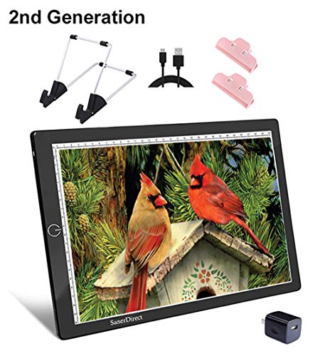 SanerDirect Diamond Painting A4 Light Pad, 2nd-Generation Ultra-Thin Tracing Light Board, USB Powered Adjustable Brightness Light Board with Clips, Stand