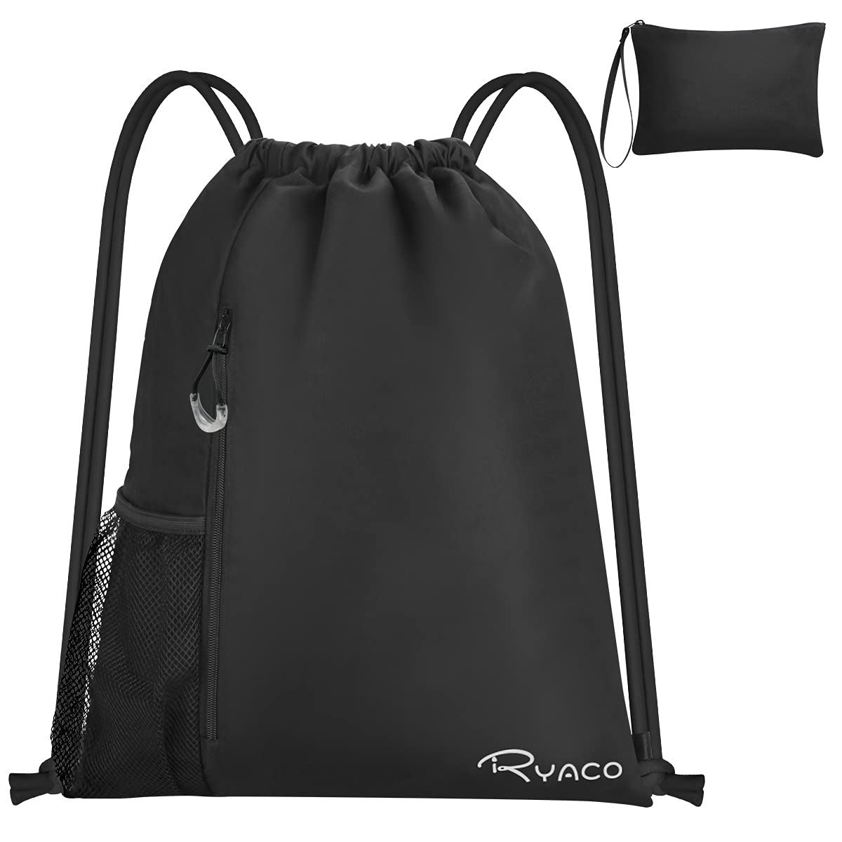 RYACO Waterproof Drawstring Backpack, Swimming Sports Gym Bag, with Outside Zipper Pocket, Water Cup Mesh Packet, Dry and Wet Separation, for School, Sport, Swimming, Travel (Black)