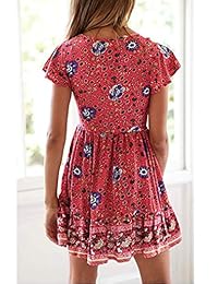 Miselon Vestido de sol de verano con cuello en V y manga corta con cuello en V y estampado floral para mujer 2019 Mini con botón