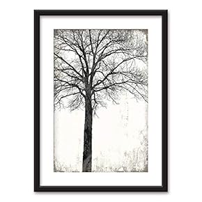 Framed Wall Art - Tree in Black White on Vintage Background - Black Picture Frames White Matting - 23x31 inches
